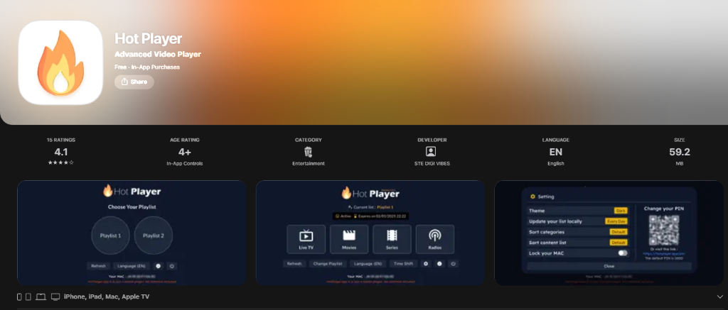 HOT Player for Apple TV App Store and tvOS Dashboard