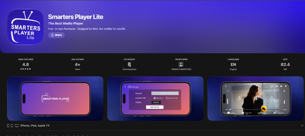 Smarters Player Lite on Apple App Store Official Interface