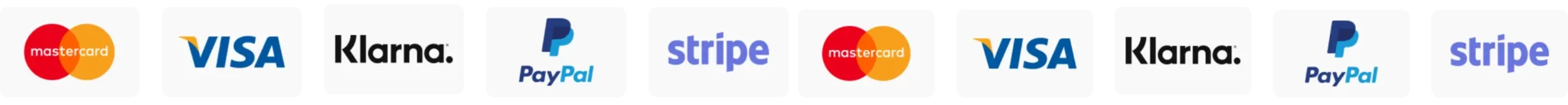Payment methods: Visa, Mastercard, PayPal, Klarna, Stripe